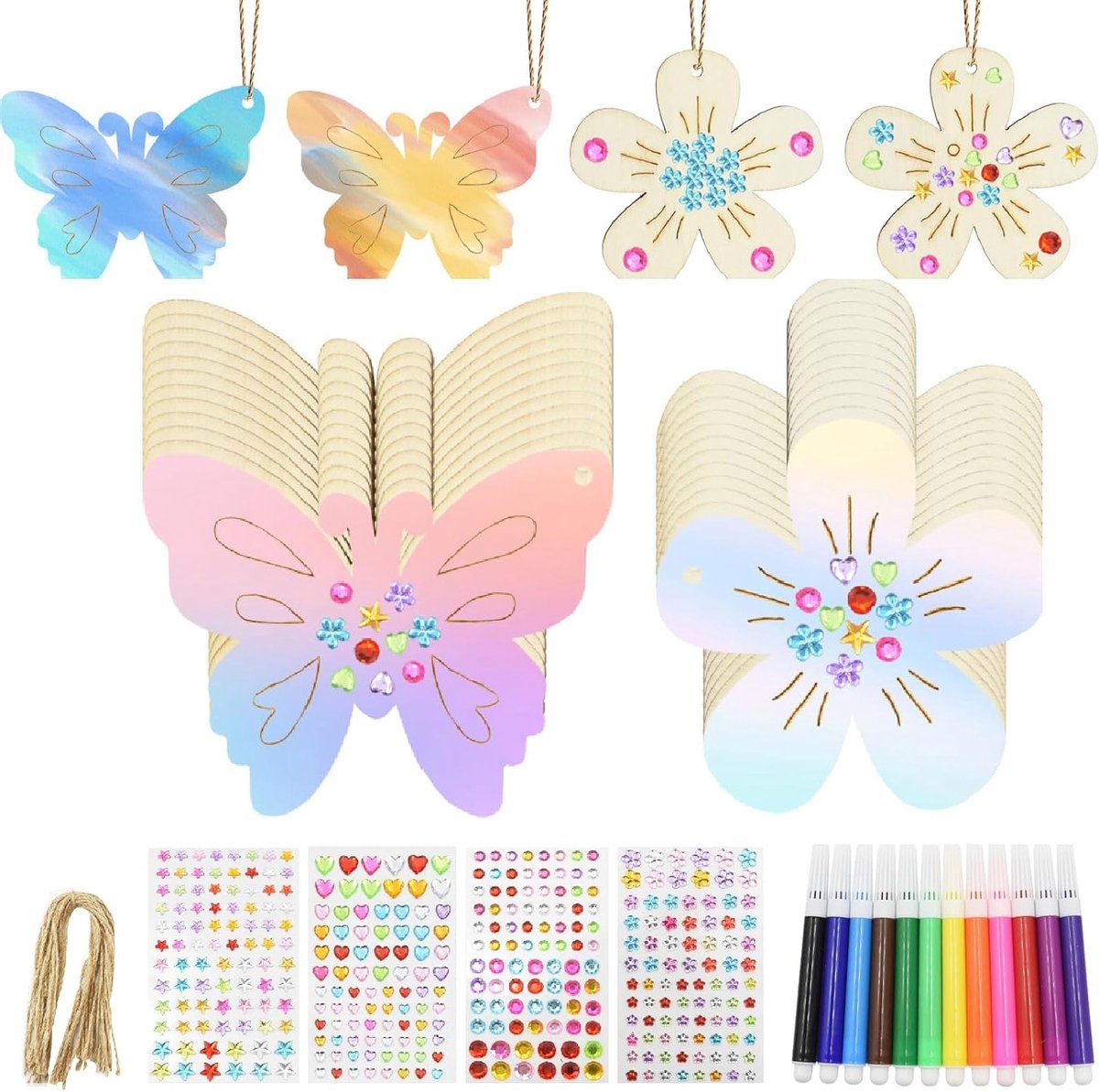 Houten Knutselset voor Kinderen met 40 Stukken, Bloemen en Vlinders, Creatieve DIY Schilderprojecten voor Verjaardagsfeestjes