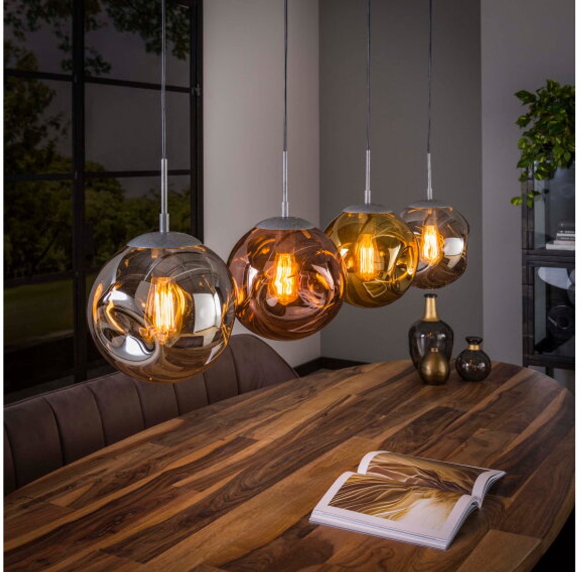Hanglamp van 4 Lampen - Stellar - Goud - Koper en Chroom - Metaal - Glas - Woonkamer - Keuken - Hanglamp In Hoogte Verstelbaar tot 150 cm - Exclusief Lichtbron - Voedingstype Netstroom