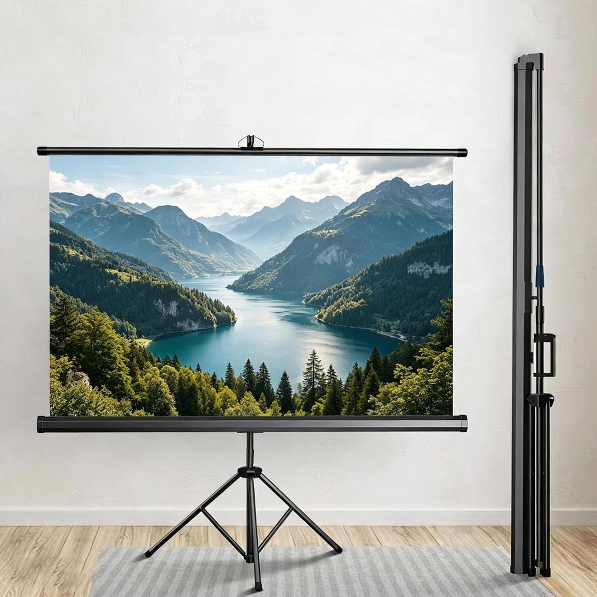 Intrekbaar projectiescherm - Projectiescherm met statief - Thuisbioscoop creëren - Automatische vergrendeling - 60 inch - Metaal