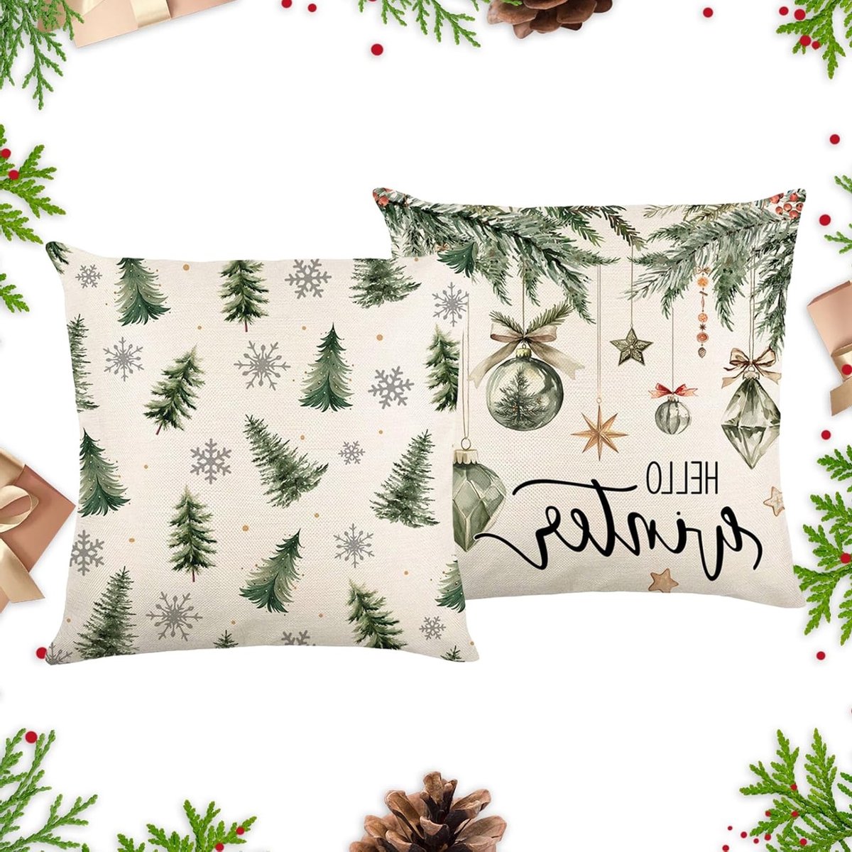 Kerst Kussenhoezen 45 x 45 cm - 2 Stuks Decoratieve Kussens van Premium Linnen voor Sofa en Slaapkamer, Ideale Kerstdecoratie voor Woonkamer
