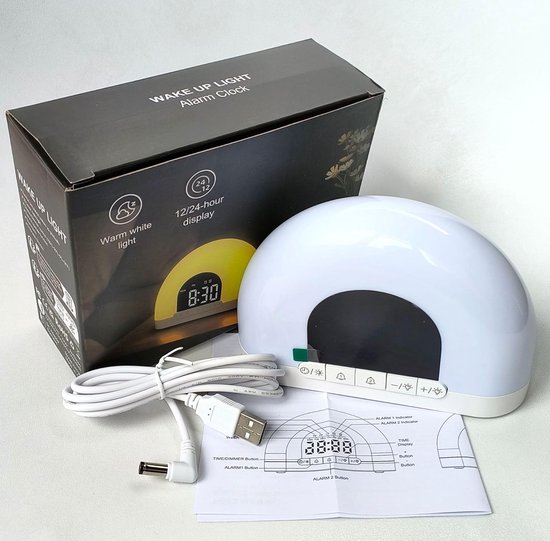 Slimme Wekker - Nachtlamp Klok - Rustig Ontwaken - Zonlicht Simulatie - 15cm Breed - Wit — afbeelding 5