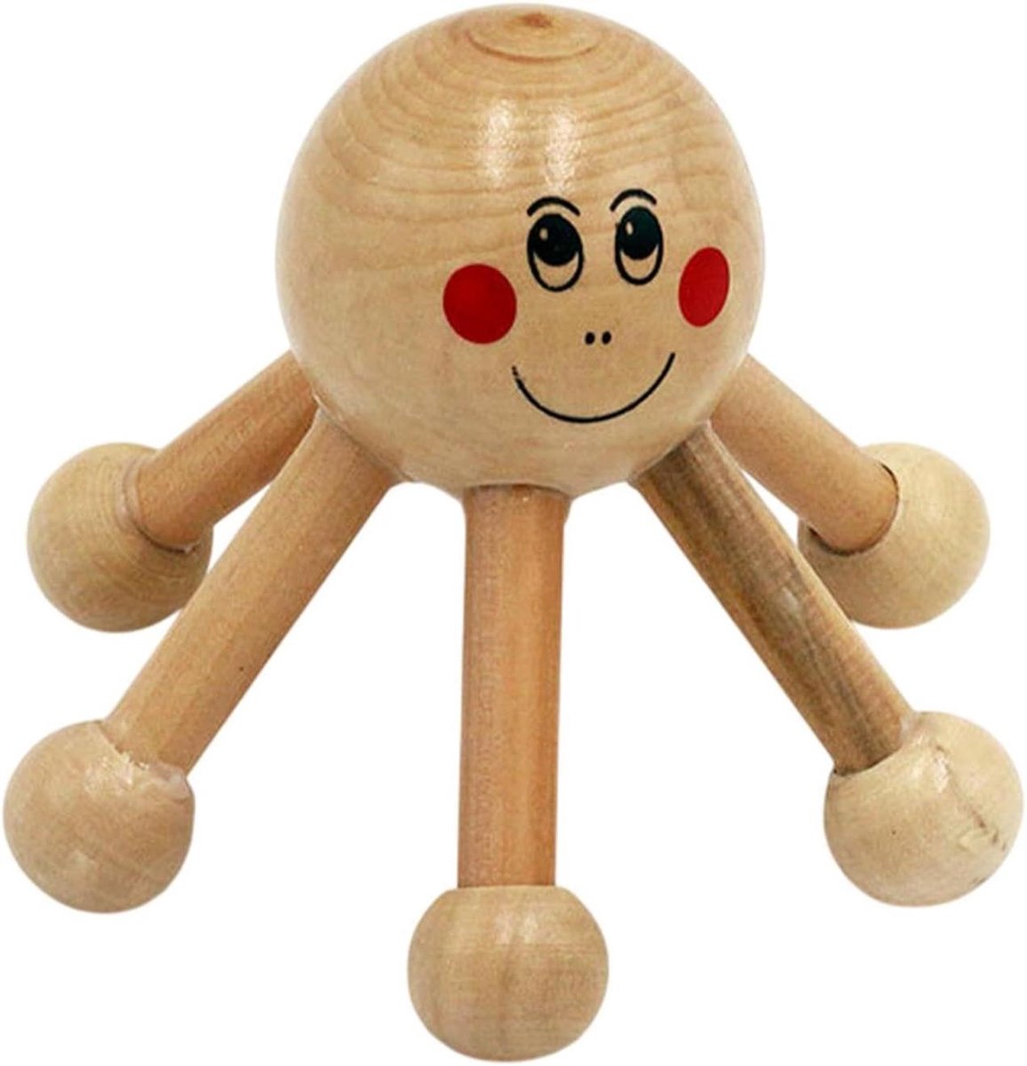 Houten Hoofdmassager - Handmatige Ontspanningstool - Hoofdhuid Verzorging - Zes Flexibele Armen - 11 cm Breed - Houtkleur