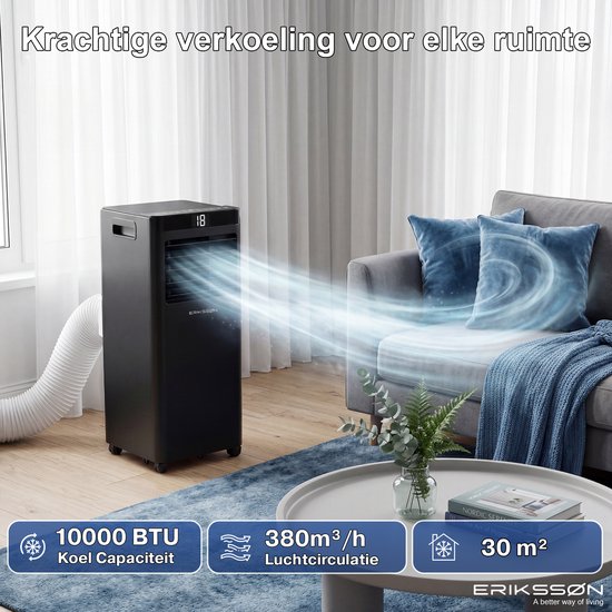 Zwarte mobiele airco in een woonkamer, die koele lucht blaast naar een grijze bank. Overlay toont: 10000 BTU koelcapaciteit, 380m³/u luchtcirculatie, 30m².