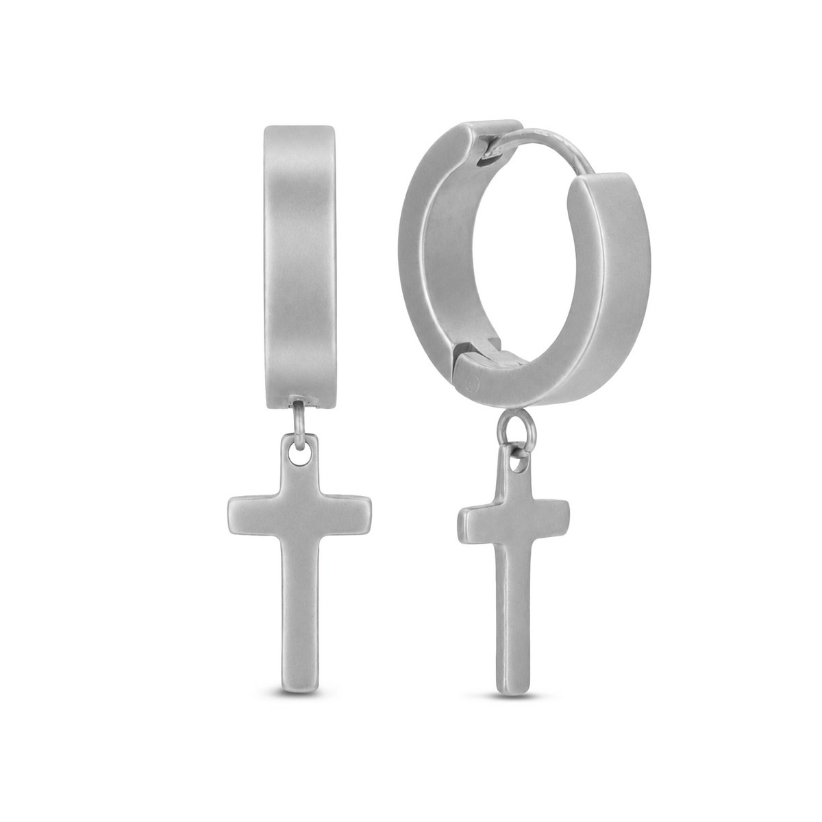 Frank 1967 7FE-0009-S Stalen Oorringen met Hanger Kruis - Heren - 16mm Doorsnee - 4mm Breed - Kruis 13x8mm - Staal - Zilverkleurig