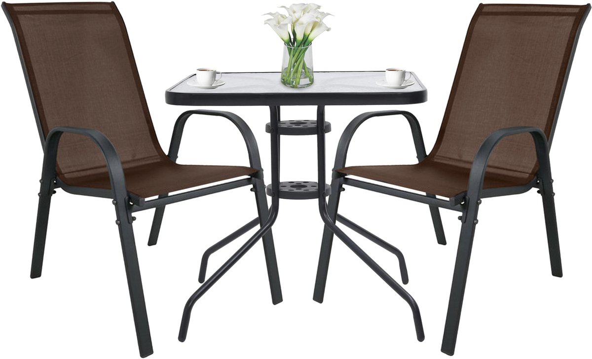 Tuinset ISLAND – vierkante tafel 60 cm + 2x SOFIA stoelen – bruin – balkon / terras