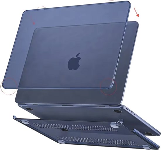 Housse de MacBook bleu foncé en deux parties, montrant l'assemblage par clips et les aérations inférieures.