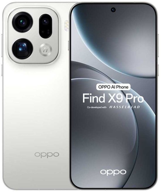 Zilverkleurige smartphone met camera aan de achterzijde en het 'OPPO Find X9 Pro' logo op het scherm.