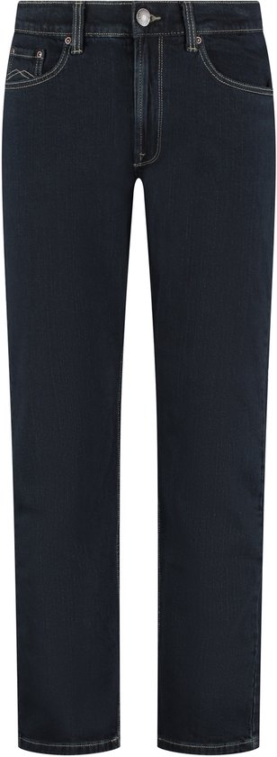 Donkerblauwe jeans met een rechte pasvorm, goudkleurige stiksels en een knoopsluiting.