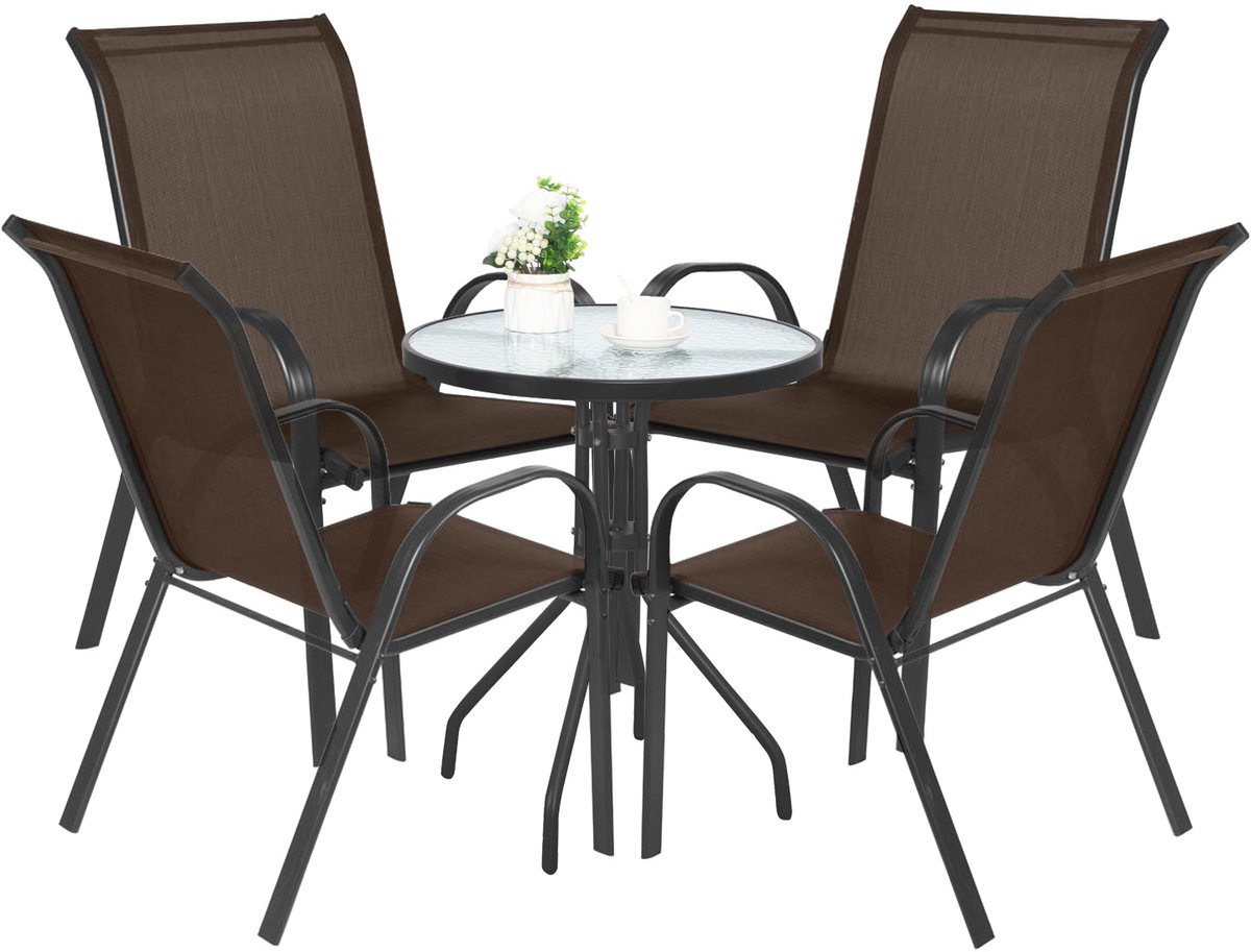 5-delige tuinset: ronde tafel ISLAND Ø60 cm + 4x SOFIA stoelen – bruin / zwart – balkon & tuin