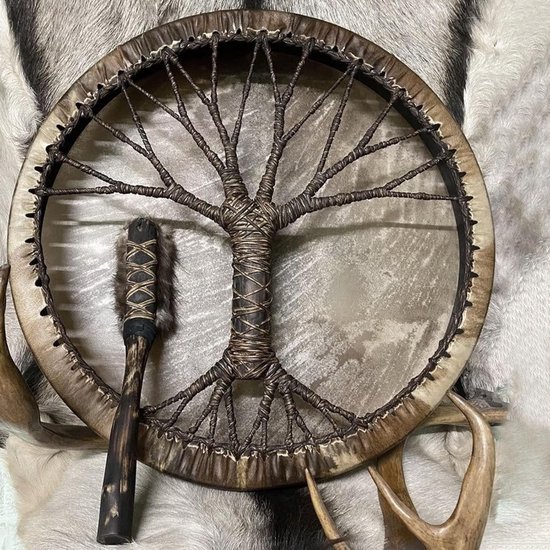 Sjamaan Trommel - Handgemaakte Trommel - Spirit Muziek - Levensboom Symbool - 25 cm Diameter - Bruin — afbeelding 2