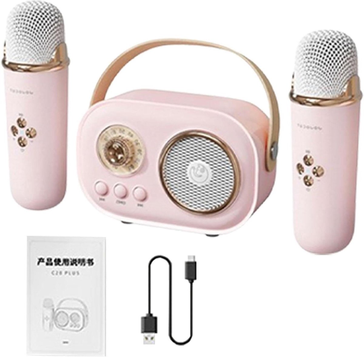 Karaoke Speaker Microfoon - Draagbare Zangset - Feest Entertainment - Dubbele Microfoons - 9 x 18 x 9 cm - Roze