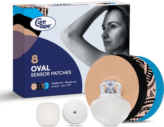 CureTape Oval Sensor Patches verpakking met 8 stuks en een model op de doos.