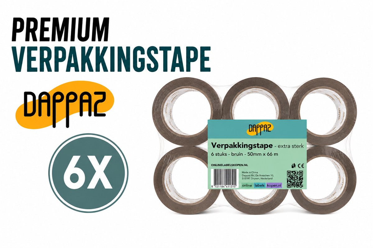 Verpakkingstape Bruin 6 Rollen Dozentape - Extra Sterk Plakband Hoge Kleefkracht Dikte 65 µm - OPP Tape 50mm x 65m - Dappaz