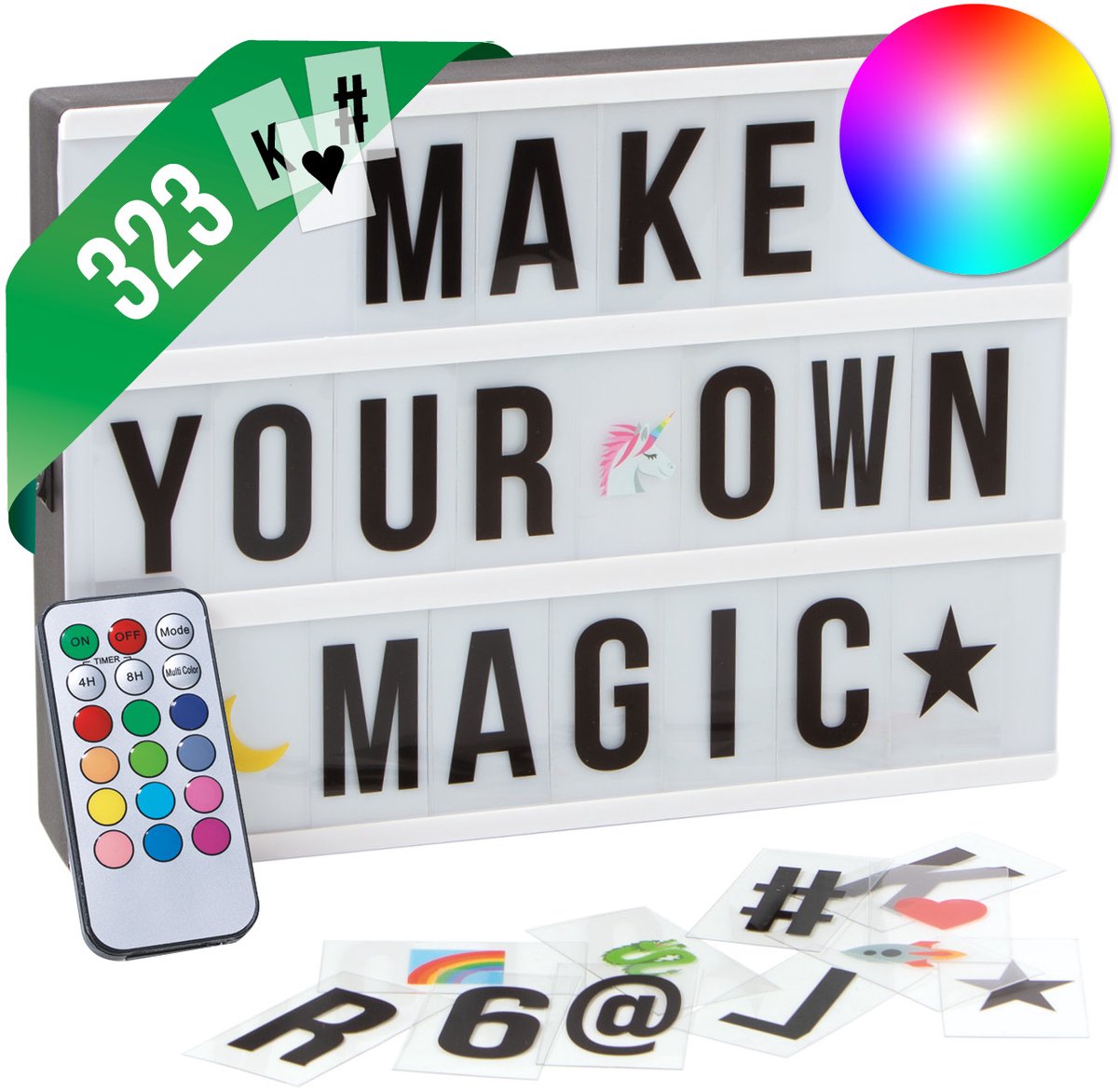 EASYmaxx LED-lichtbak Light Box - Voor persoonlijke tekstberichten | Megaset met 150 kleurrijke emoji's en 173 verwisselbare letters, cijfers en symbolen | Met timerfunctie [A4]