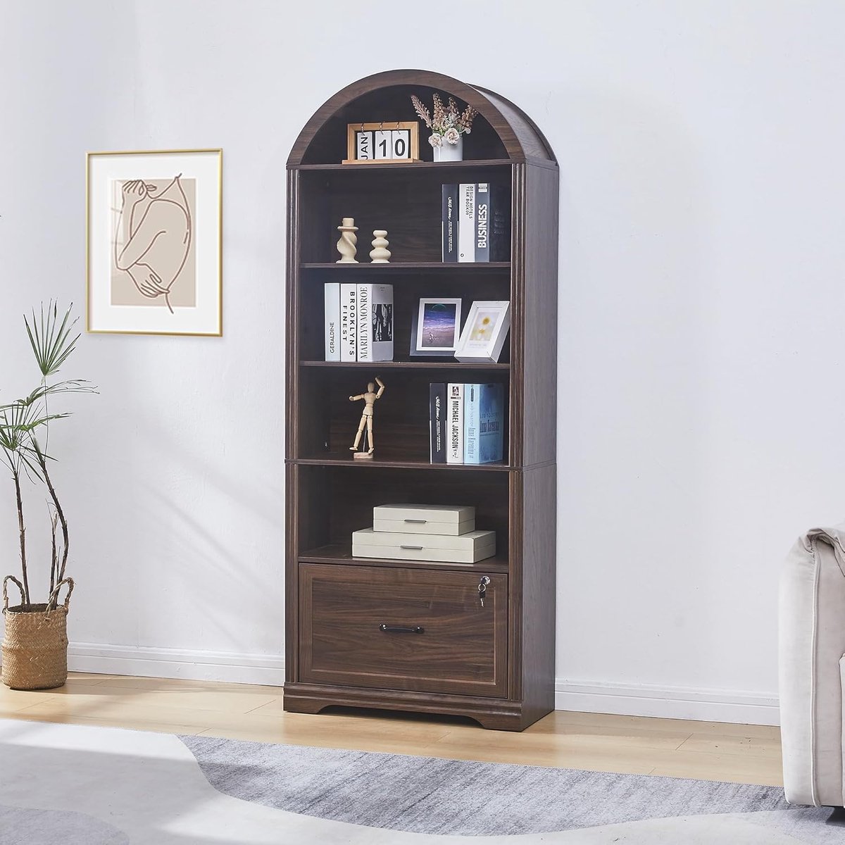 Landelijke Luxe Boekenkast met Deuren en Lades 70 x 30 x 177 cm – Hoge Vitrinekast met 5 Opbergplanken en Kastdeuren voor Woonkamer, Slaapkamer en Kantoor – Wit Vintage Houtlook