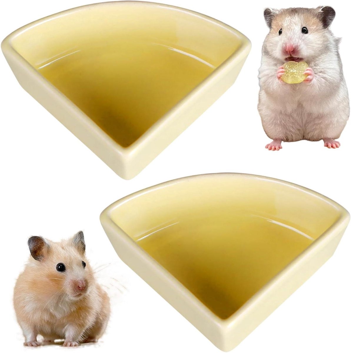 Hamster Voerbak - Voerbak Kleine Dieren - Voeren en Water Geven - Ruimtebesparend Driehoekig - 2 Stuks 77 cm - Geel