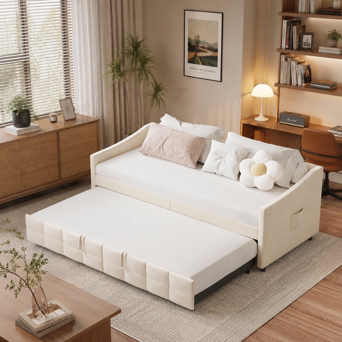 MEXUS Tweepersoonsbed, 90/90 x 200 cm, slaapbank, gestoffeerde opklapbare slaapbank, uitschuifbare opklapbank, lattenbodem, Fluweel, Beige