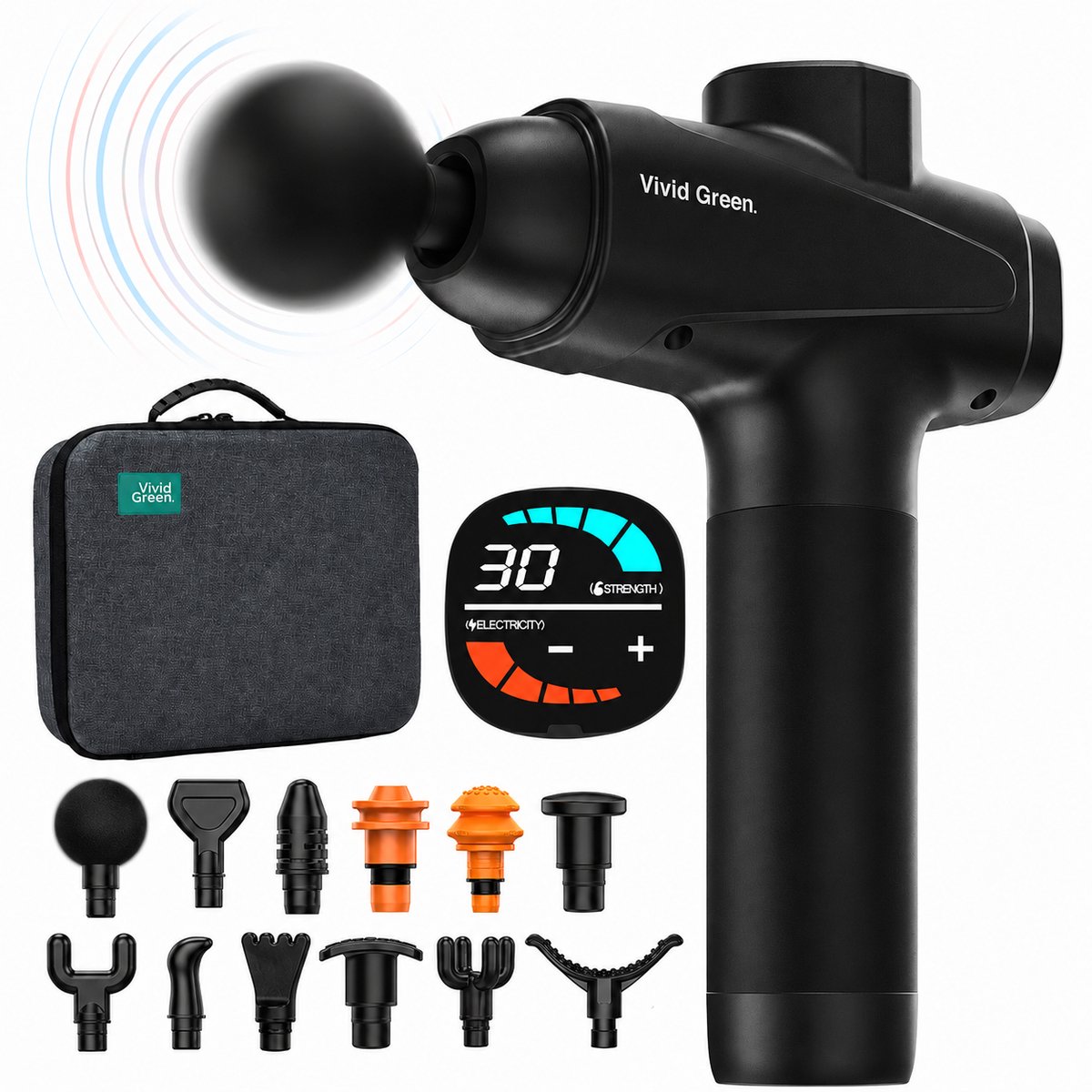 Bol.com Vivid Green - Pro Massage Gun 12 Accessoires - Apparaat - Sport en Relax Massage - Draadloos � Professioneel - 12 mm - 2... aanbieding