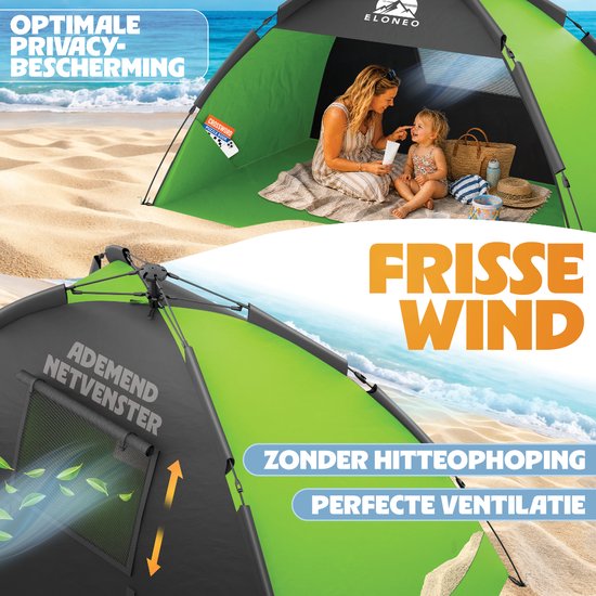 ELONEO Pop-up Strandtent UV-bescherming 80+, Lichtgewicht en compact inkl. draagtas, Strandzonwering & windbescherming voor baby’s en volwassenen - XL Groen van ELONEO — afbeelding 2