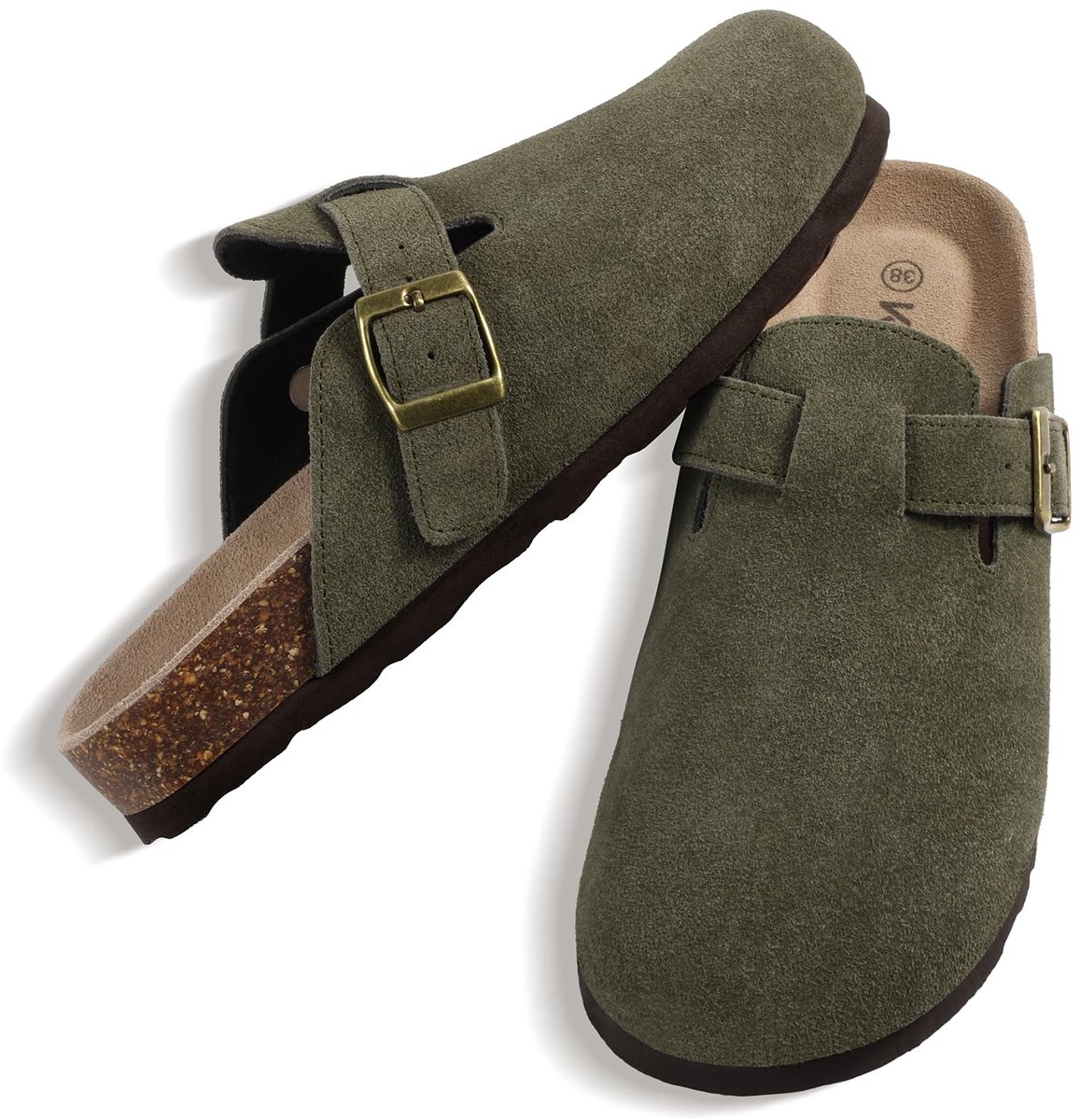 Unisex clogs – Koe suède – Comfort slippers – Houten clogs – militair groen - 36 - Geschikt voor een voetlengte van 22,5 cm