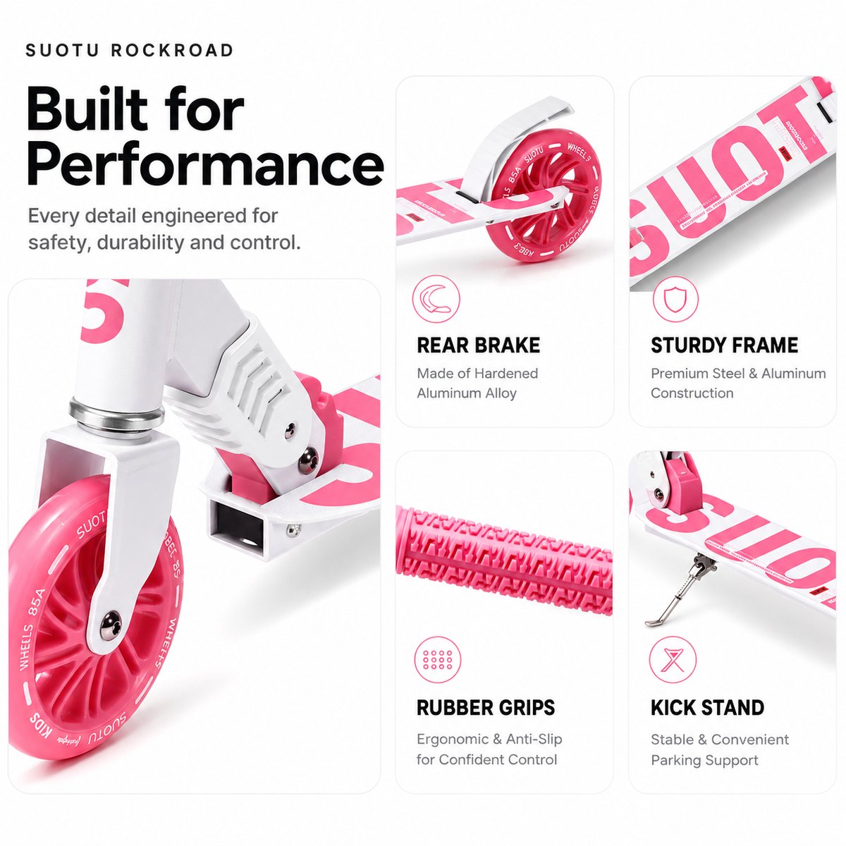 Suotu Kinderstep - 145mm Lichtgevende Wielen - Step - Speelgoed Jongens/Meisjes - Max stuurhoogte: 85 cm - Aluminium - Roze/Wit — afbeelding 4
