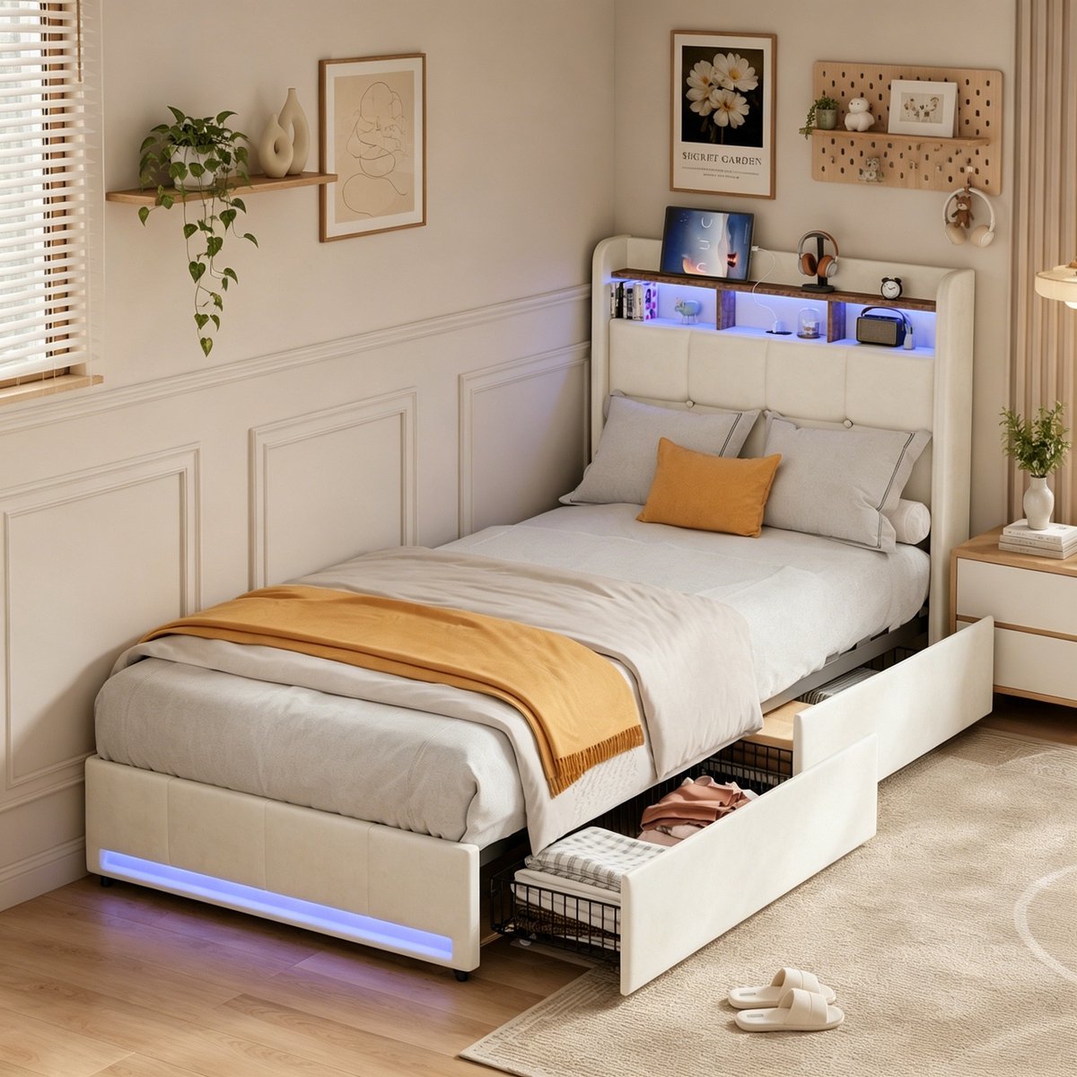 Opbergbed, 90x200 cm, met ledverlichting en USB-poort, eenpersoonsbed, 2 lades, gestoffeerd hoofdbord met open opbergruimte, lattenbodem, geschikt voor tieners, Linnen Beige