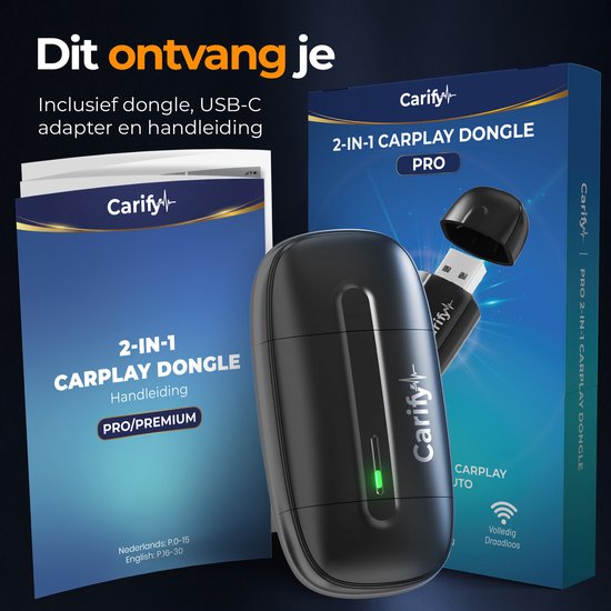 Inhoud van de verpakking: Carify 2-in-1 CarPlay Dongle Pro, handleiding en USB-C adapter.