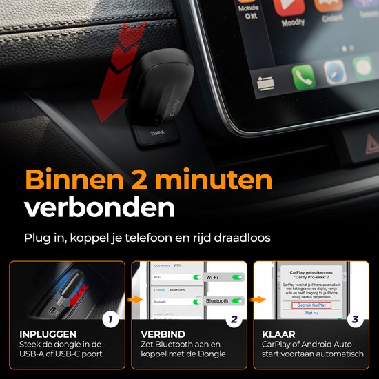 Carify® Carplay Dongle Pro 2-in-1 - Draadloze Apple Carplay & Android Auto Adapter - Bluetooth 5.4 - USB-A & USB-C - Draadloos Carplay - Zwart - 2026 Model