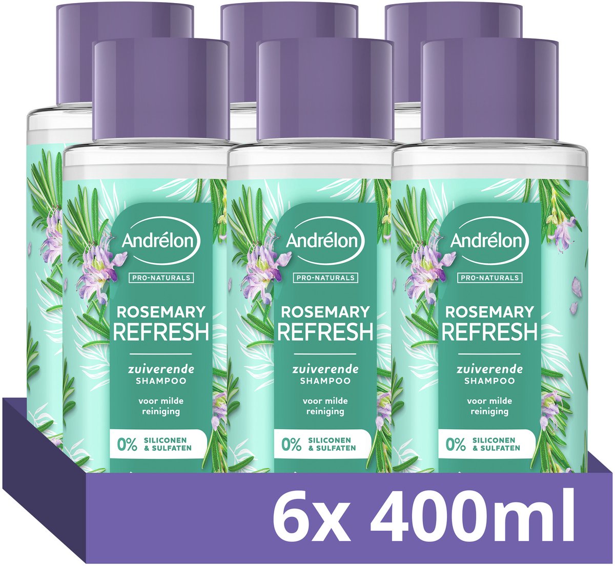 Bol.com Andrélon Pro-Naturals Shampoo - Rosemary Refresh - verrijkt met biologische rozemarijn - 6 x 400 ml aanbieding