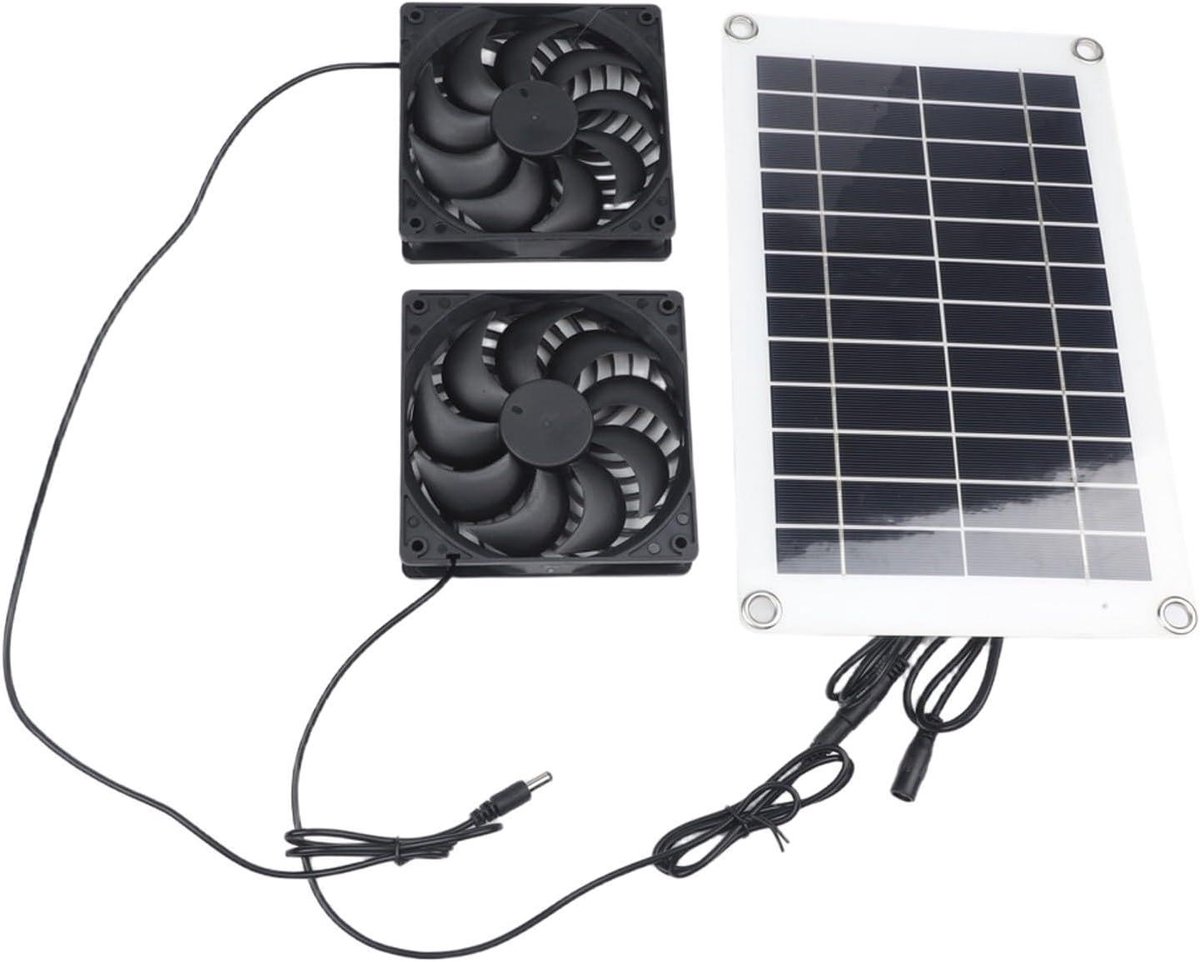 Zonnepaneel Ventilator Kit - Off-Grid Koeling - Luchtcirculatie Verbeteren - Dubbel Ventilatiesysteem - 8W - Zwart