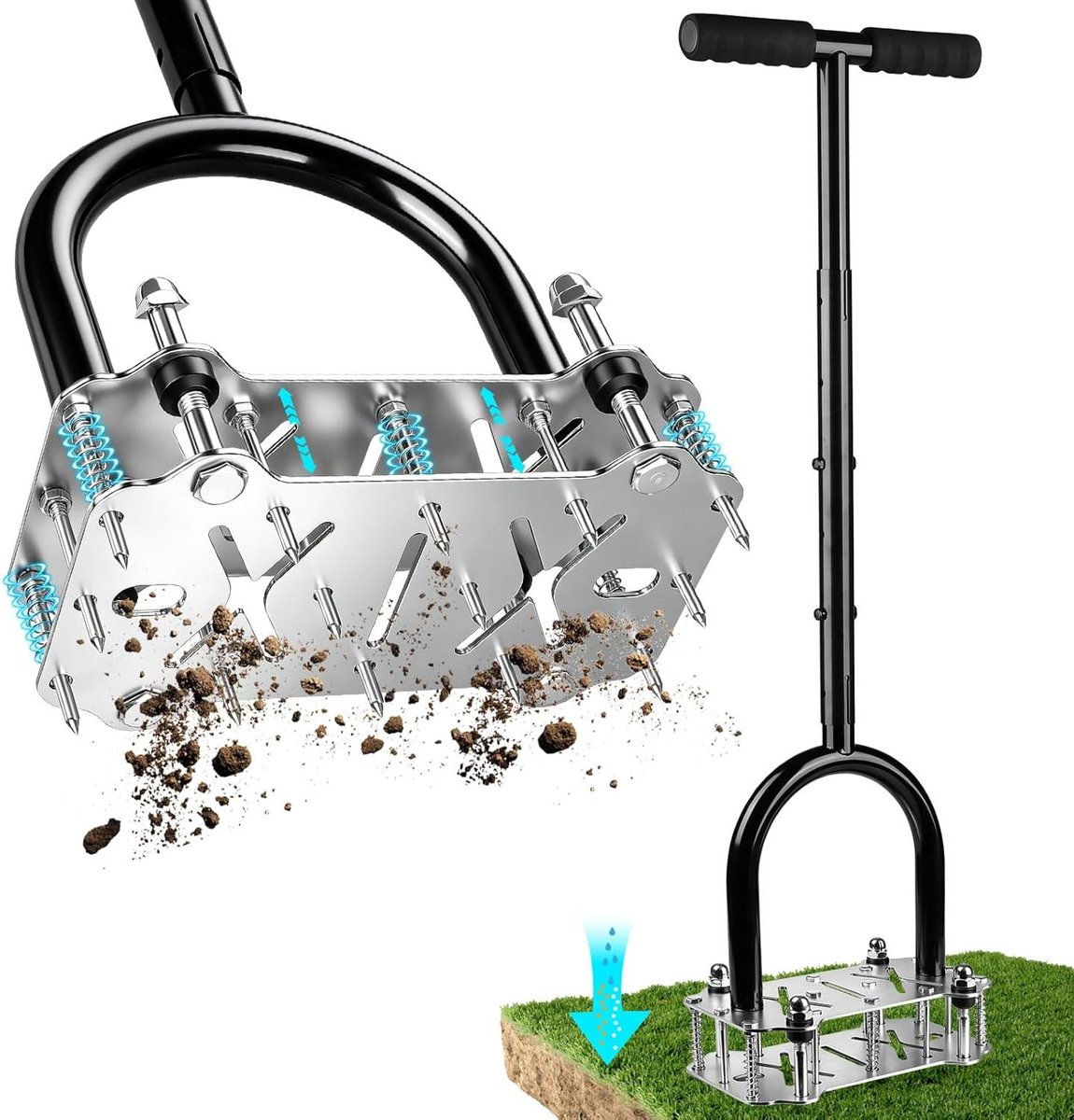 Manual Spike Lawn Aerator Tool - Verstelbare hoogte Roestvrij Staal Spike Design voor het losmaken van de grond & Aeratie, Heavy Duty Steel met NBR Foam Grip & Tool Kit (Black Finish)