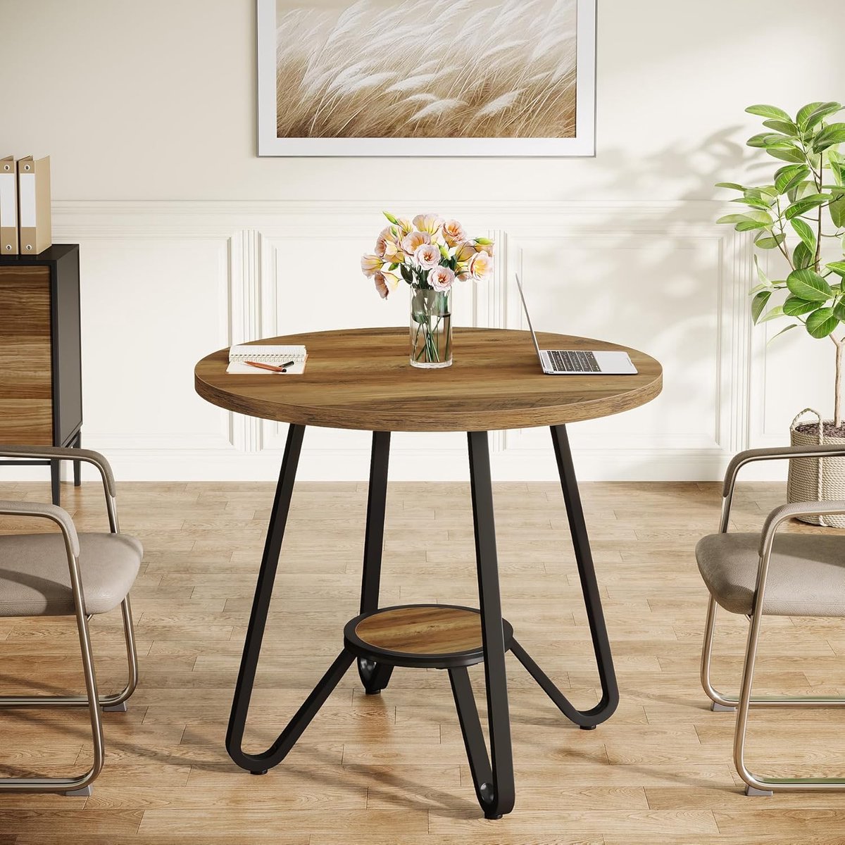 Vergadertafel Rond 80x80x75 cm – Compacte Ronde Tafel voor 2-4 Personen met Opbergplank – Houten Bureau / Kantoortafel / Kleine Eettafel – Bruin – Dader