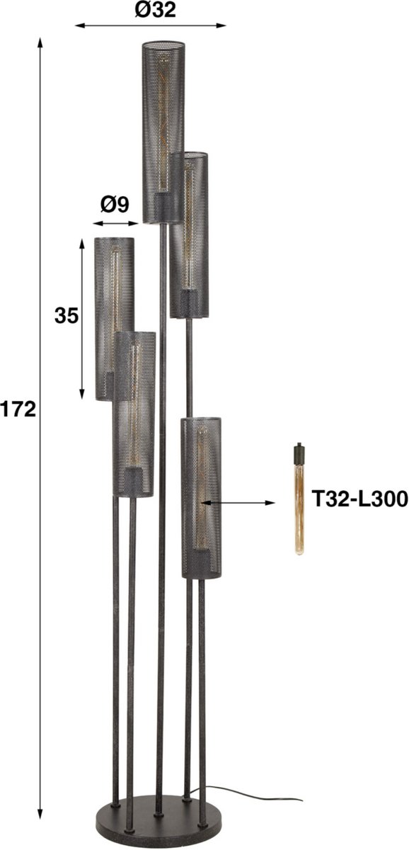 PS-Collection Vloerlamp Zwart Metaal - Tube Mesh Getrapt 5 Lichts - vloerlampen woonkamer, vloerlamp zwart, vloerlamp industrieel, vloer lamp, vloerlampen landelijk, staande lampen woonkamer, staande lampen, staande lamp industrieel thumbnail 3