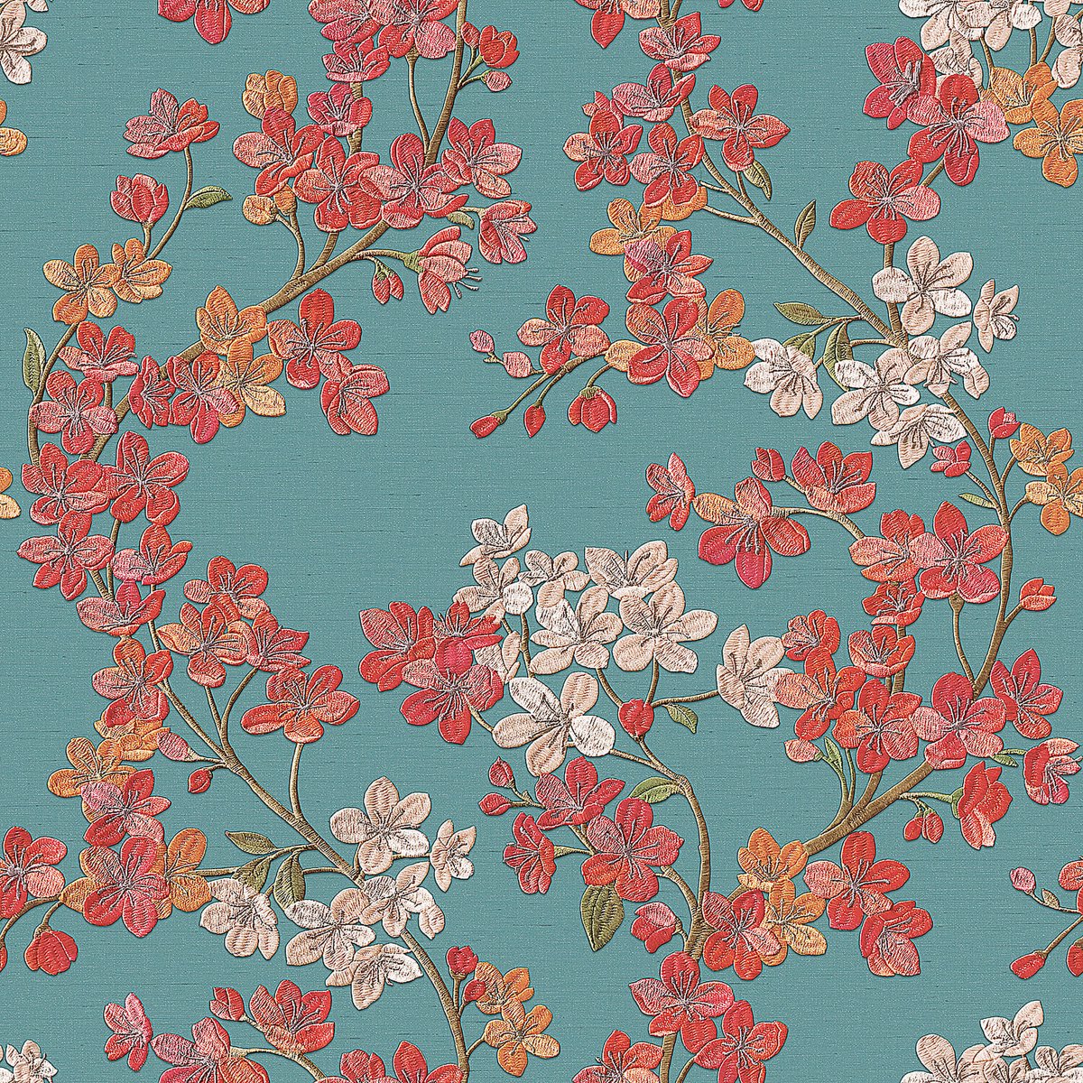 Bloemen behang Profhome GR322205-DI vliesbehang hardvinyl warmdruk in reliëf gestempeld met bloemmotief glinsterend blauw zalmoranje beigerood lichtgroen 5,33 m2