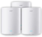 Drie witte Acer wifi-versterkers op een rij met een blauw LED-lampje aan de onderkant.