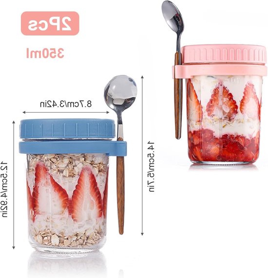 Overnight Oats Jars 350ml, 2 Stuks met Lepels en Luchtdichte RVS Deksels - Voedselveilige Glazen Ontbijtpotten voor Yoghurt en Pudding — afbeelding 2