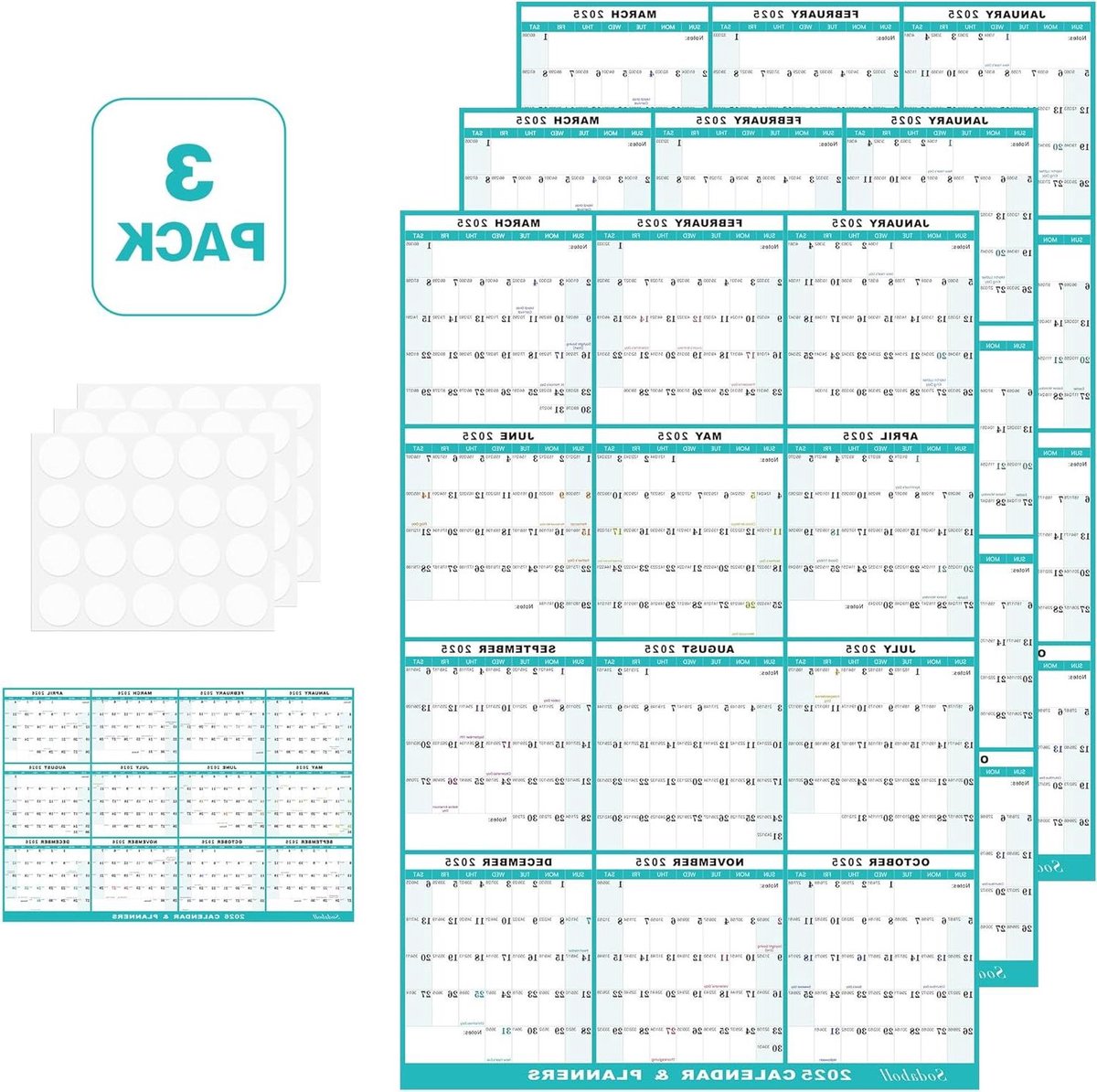 Wandkalender 2026 - Jaarplanner - Planning maken - Dubbelzijdig en omkeerbaar - 3 stuks 61x91 cm - Wit