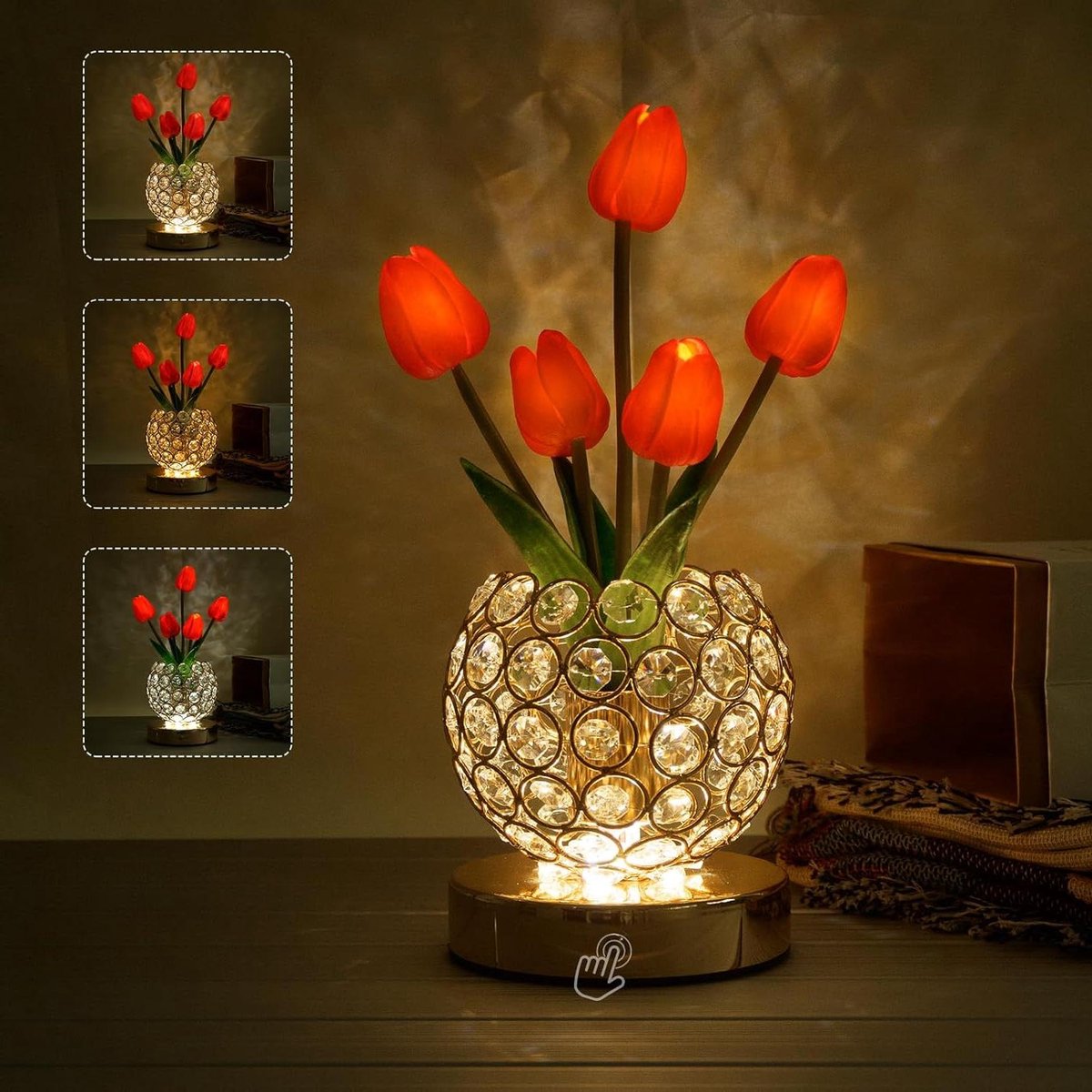 Kristallen Bloem Lamp - Draadloze Tafellamp - Sfeerverlichting Creëren - Traploos Dimbaar - Klein Formaat - Rood