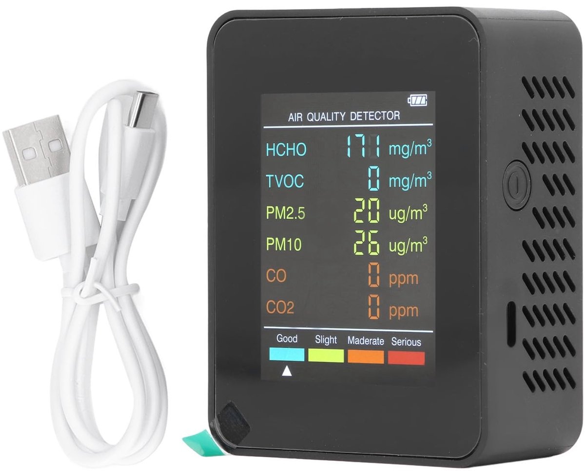 SPHProducts - CO2 HCHO-detector - Draagbare Binnenluchtkwaliteitsmonitor - Zwart - PM2.5 PM10 - Alarmfunctie - Geschikt voor Thuisgebruik - Compac...