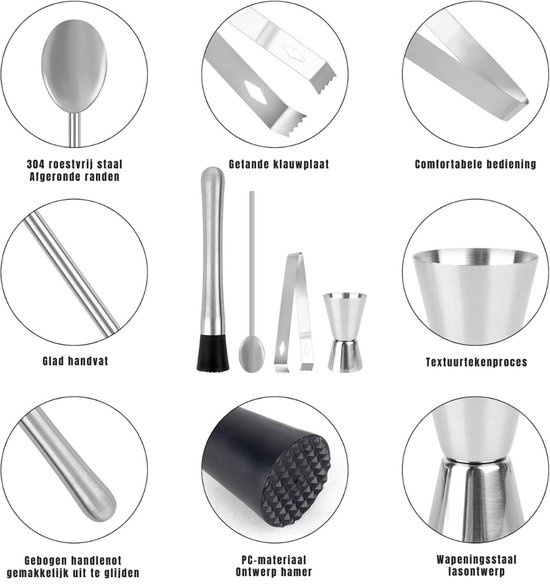 YOR® IJscrusher - Roestvrijstalen Cocktail Stamper met Cocktaillepel - Barman Set - Mojito Stamper - IJsvergruizer - Stamper - Shaker met Maatbeker - Bar Accessoires voor Keuken - Restaurant - Zilver- 22cm x 15cm x 4cm van Merkloos — afbeelding 2