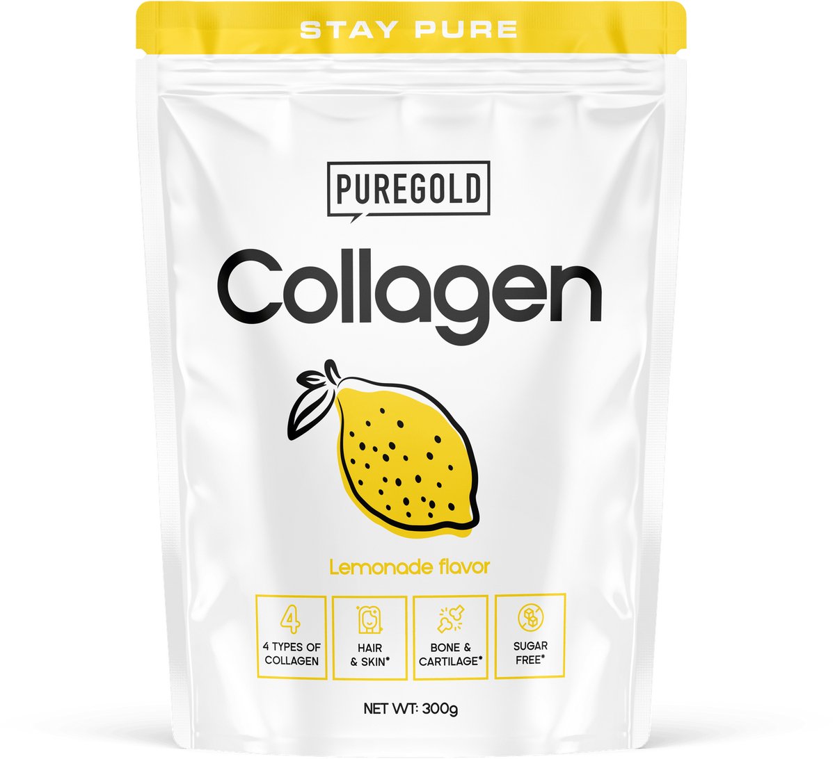 Pure Gold Collagen Rundercollageen Poeder – 300g – Limonade – 25 Porties – 4 Types Collageen met Vitamine C, A, Zink & Selenium