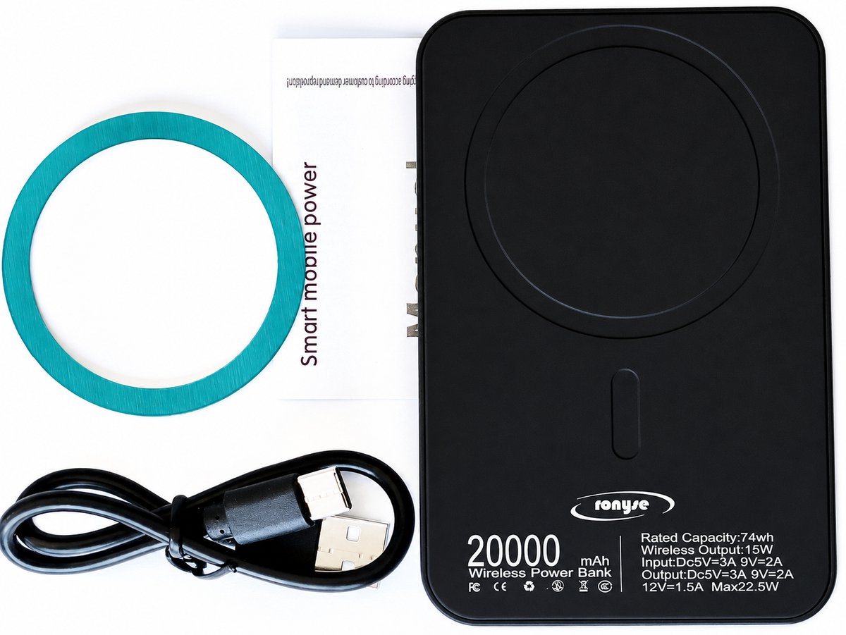 Ronyse Powerbank 20.000 mAh Magnetisch Draadloos Opladen Zwart - afbeelding 3