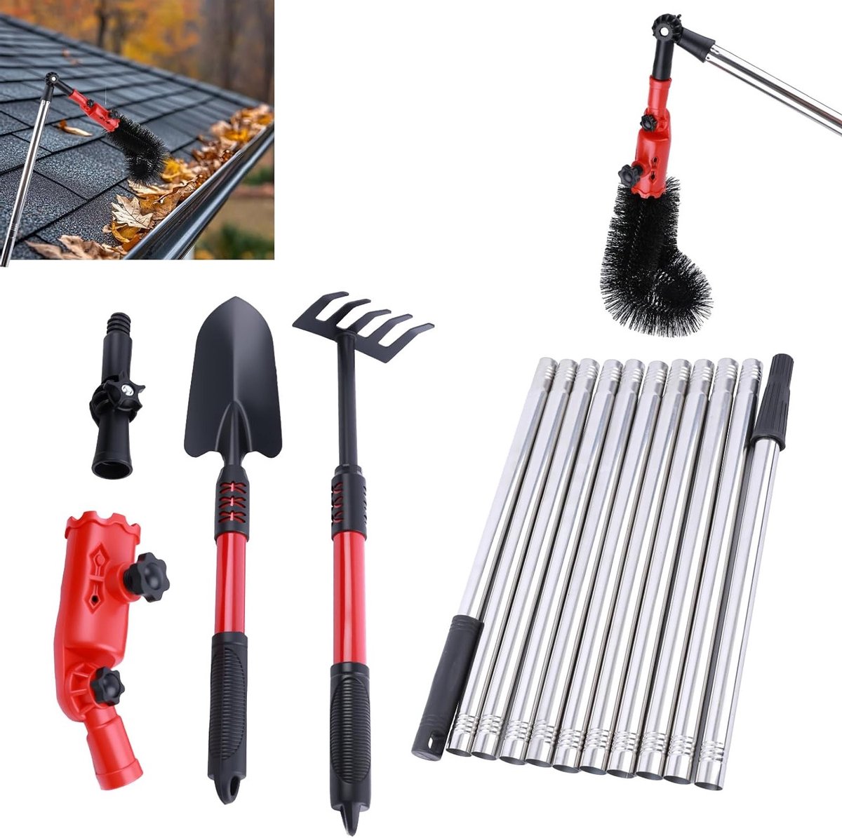 Dakgoot Reiniger - Afvoerreiniger Set - Huis Onderhoud - 180° Draaibare Kop - 4 Meter Uitschuifbaar - Rood Zwart