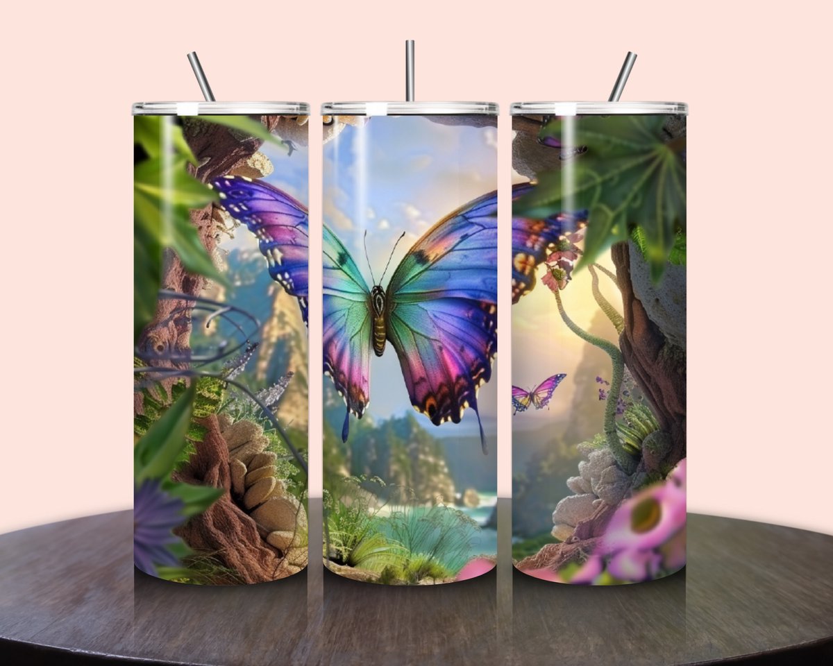 Jacintha's kadowinkeltje - Tumbler vlinder - Roestvrijstalen Tumbler - Geïsoleerde drinkbeker - 600ml - Warme en koude dranken - RVS rietje - To go beker - Kinderen - Volwassenen