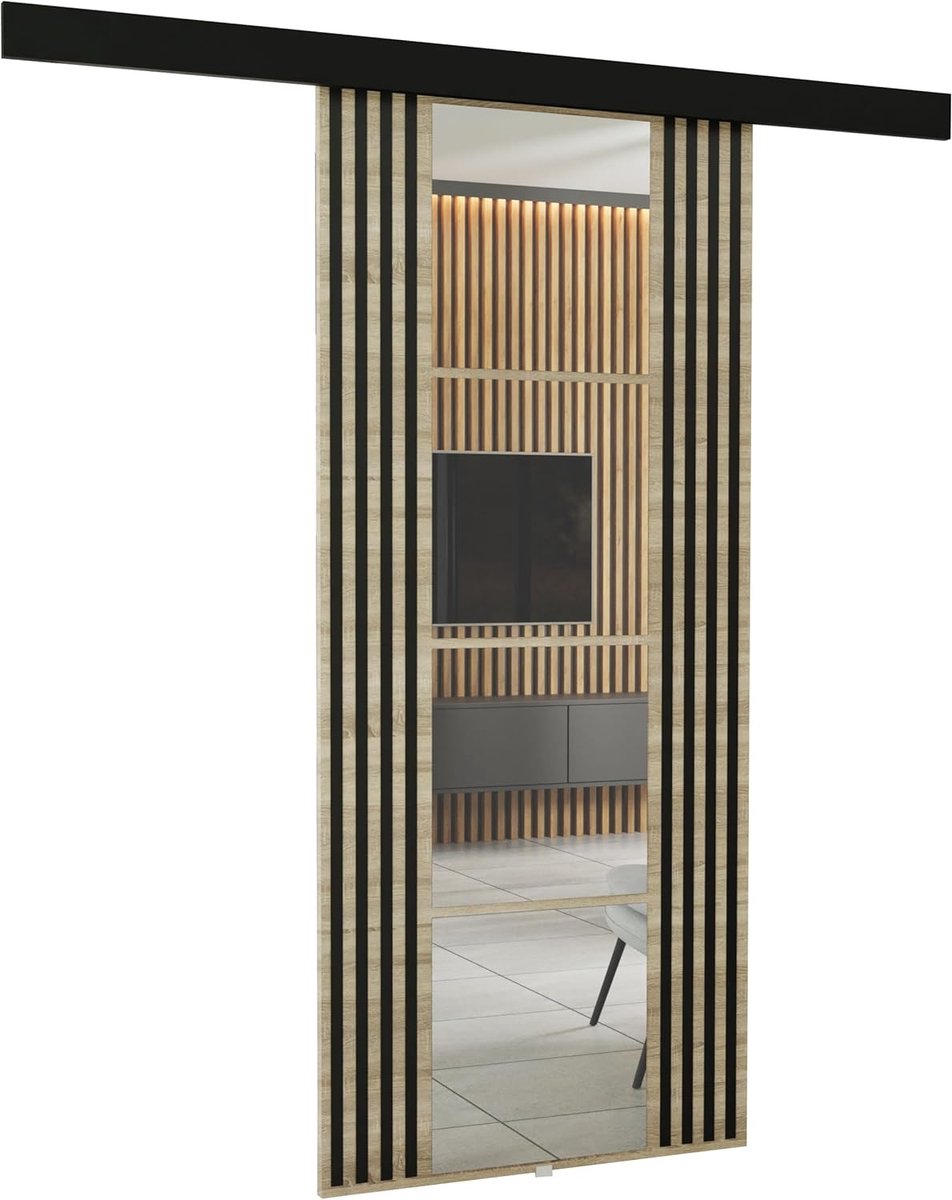Wandschuifdeur met Spiegel 96x205x1,6 cm – Complete Schuifdeur Set met Railsysteem & Frame – Garderobe & Kamerdeur in Sonoma Eiken – Modern Design – Zelfmontage – Faisal