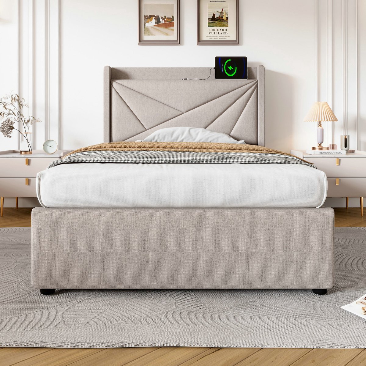 VVBV Bed met opbergruimte 90x200 / Eenpersoonsbed 90x200 – met USB, USB-C, Lattenbodem – Hoofdbord – Tienerbed – Linnen – Beige – Tienerbed 90x200
