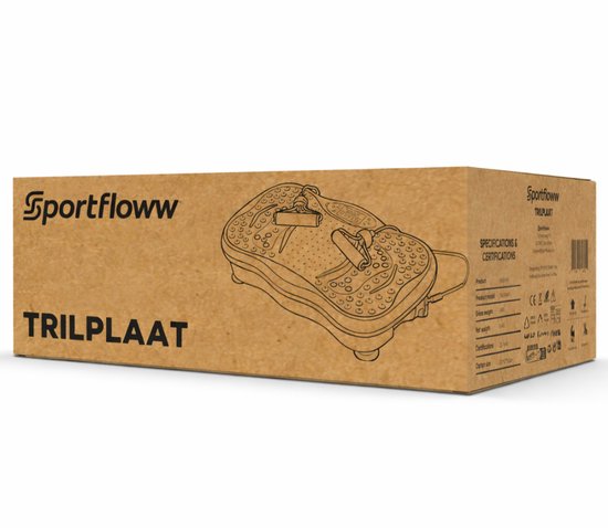 Verpakking van een zwarte trilplaat met banden, merk Sportfloww, tekst 'TRILPLAAT' en specificaties.