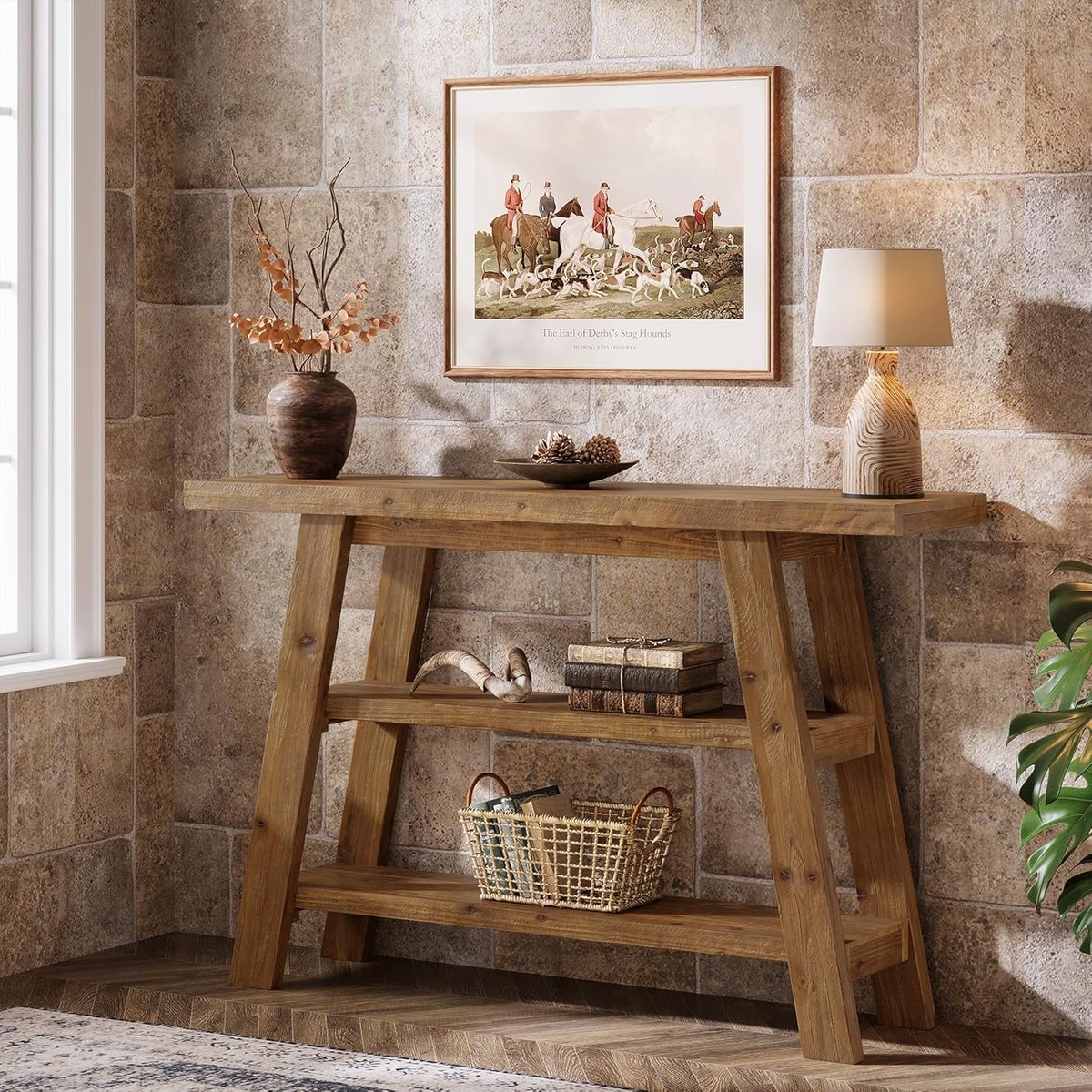 Consoletafel Massief Hout 120 x 29,5 x 80 cm met 3 Niveaus Planken – Landelijke Smalle Haltafel / Entreetafel / Banktafel voor Woonkamer, Gang en Foyer – Dader
