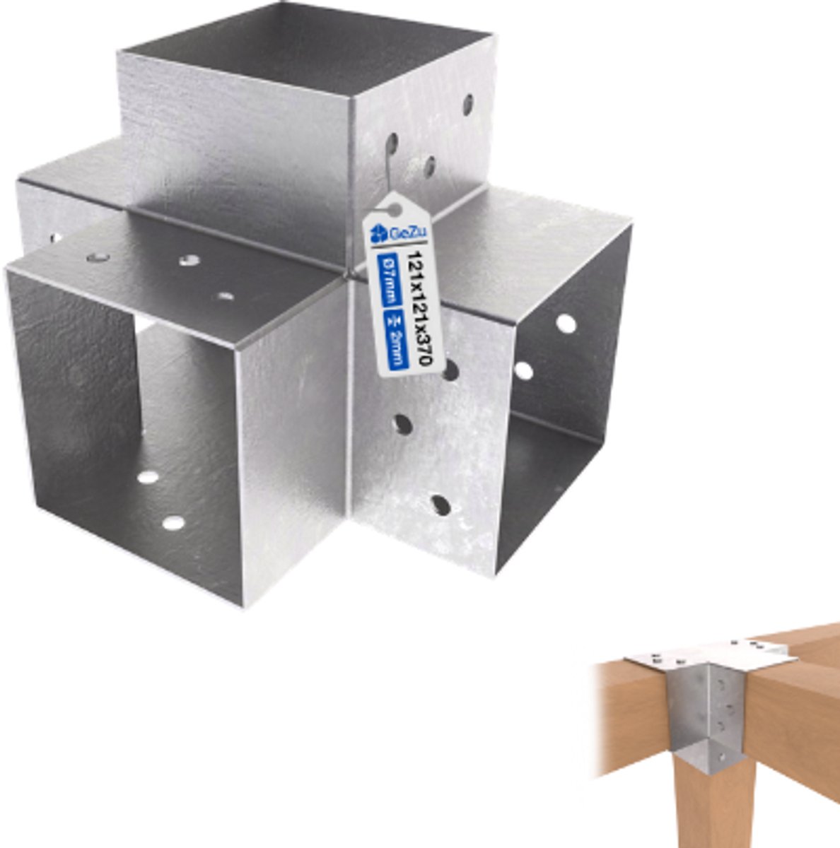 GeZu Impex Paalverbinder voor pergola X 121 × 121 mm Thermisch Verzinkt – 4-weg Hoekverbinder voor Pergola en Buitenconstructies
