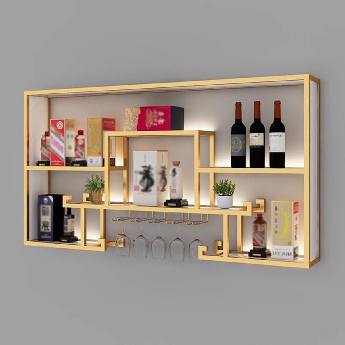Wandgemonteerd wijnrek goud industrieel – 60/80/100 x 20 x 52 cm – Zwevende metalen flessenhouder voor wandmontage – Luxe wijnopslag & presentatie rek voor woonkamer, bar en keuken – HomebyNicole